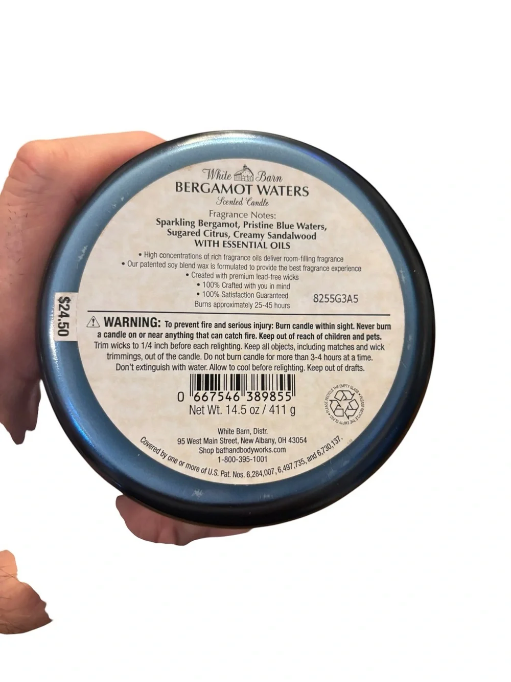 Bath & Body Works White Barn 3-Wick Scented Candle - Bergamot Waters Blue